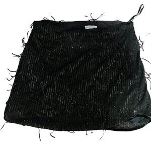 NWT Avec Les Filles Sequin Black Mesh Skirt Asymmetrical Hem with Fringe Sequins